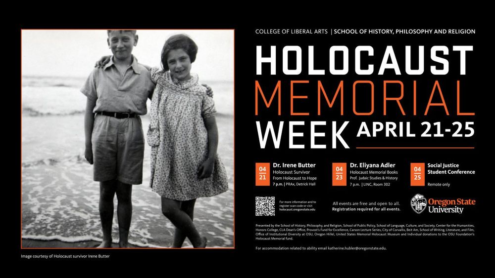 Poster of a young boy and girl at the beach on the left, on the right are the event listings for Holocaust Memorial Week.