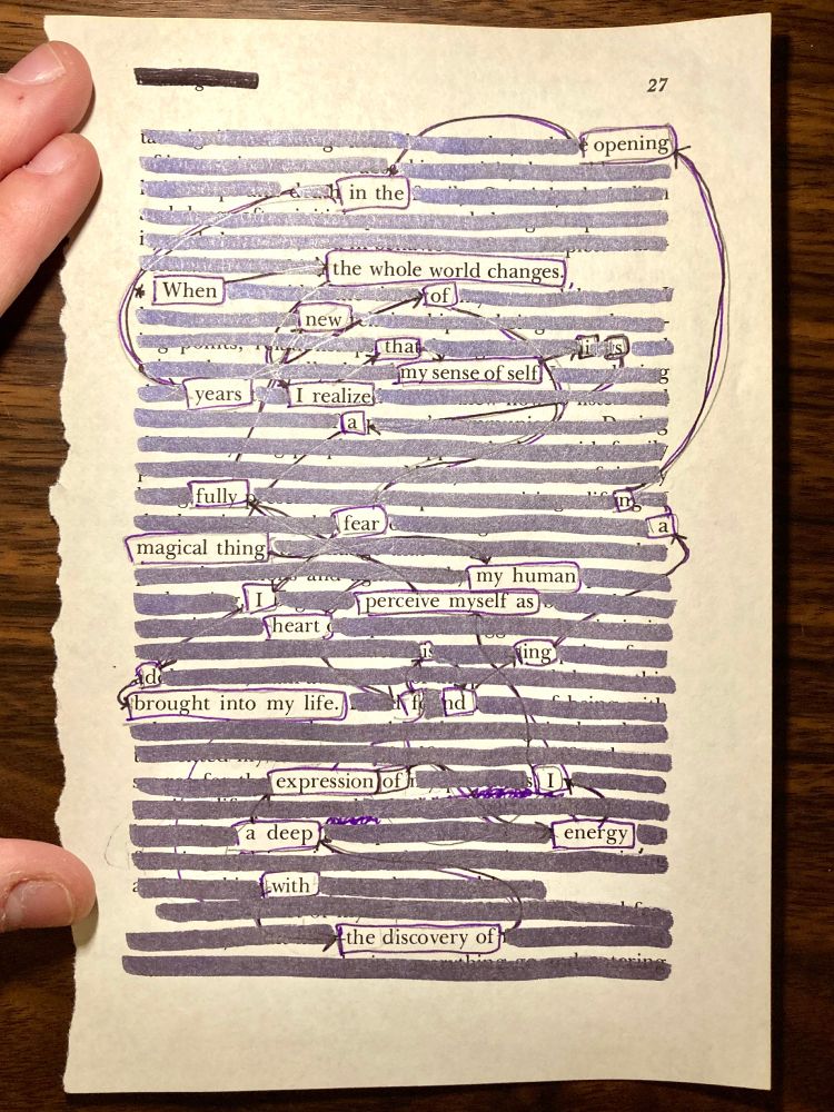 a page pulled from an old book, with a variety of words boxed and connected together. the rest of the page is covered up by metallic purple marker.