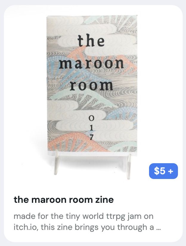 a ko-fi listing for "the maroon room", another of my zines. the cover is a pattern of lines and curves, green, blue, red, white, black. it is $5.