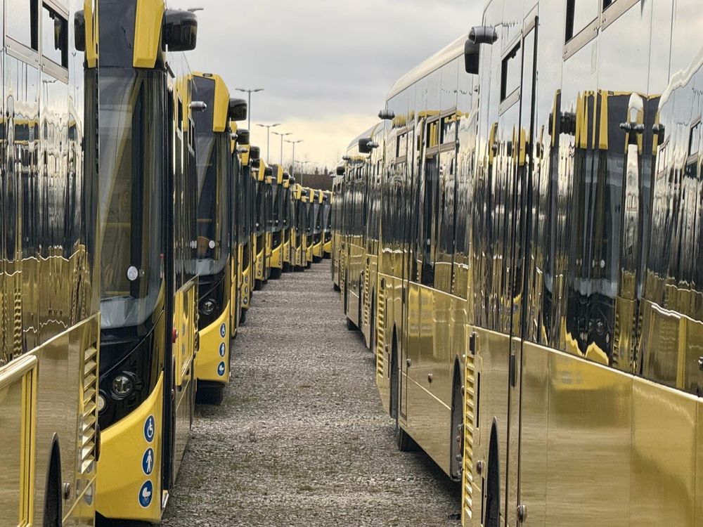 Buses lined up at the temporary deport at Manchester Airport.