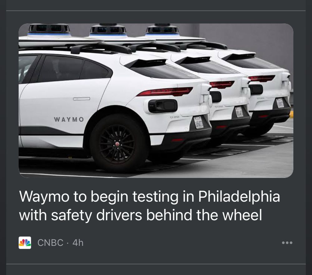 A CBNC headline that reads: “Waymo to begin testing in Philadelphia with safety drivers behind the wheel”.
