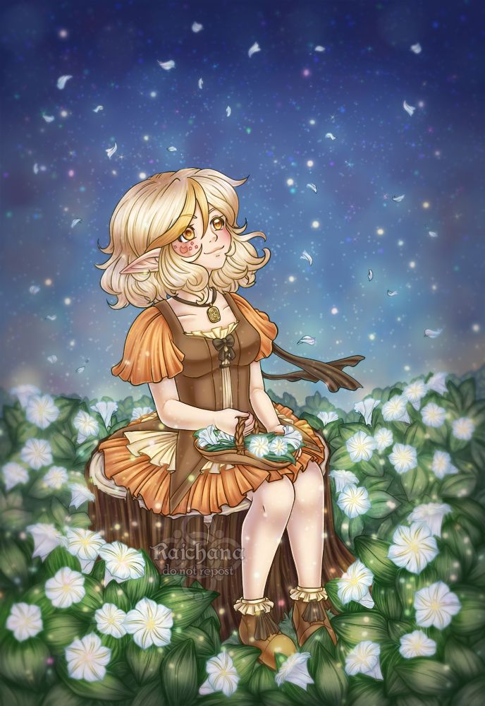 Ciella sitting in a field of moonflowers at night, she is gathering them for medicine but the view is too lovely to not take in.