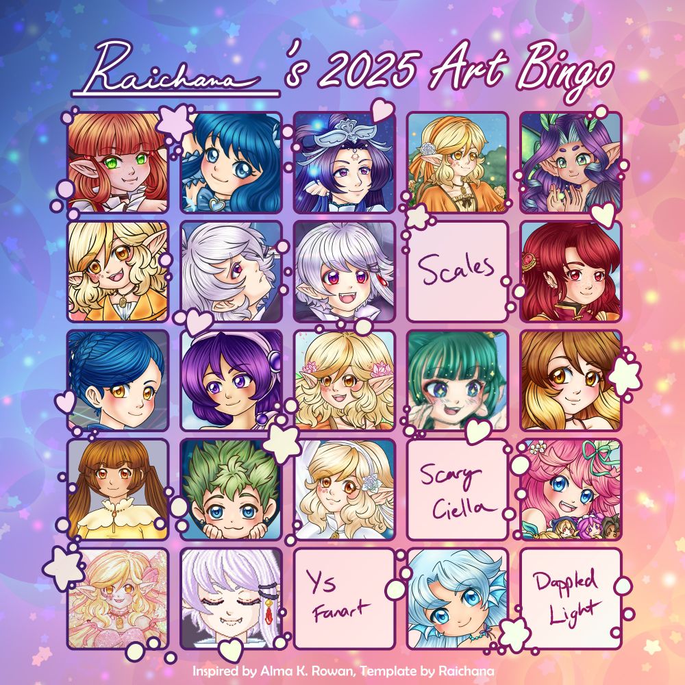 A 2025 art bingo in progress
I have four more squares left which are Scales. Scary Ciella, Ys Fanart and Dappled light.