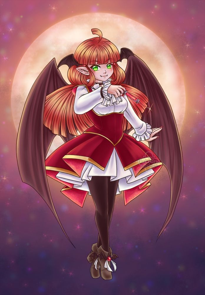 My vampire oc Esma with her wings out floating infront of a full moon and holding a scary old fashioned needle. her green eyes piece through a sea of red.