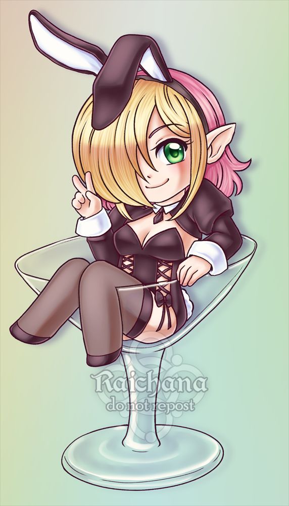 My OC Arianna in a "draw your oc in this" bunny suit, she is sitting in a martini glass and using her hand to make a peace sign. 