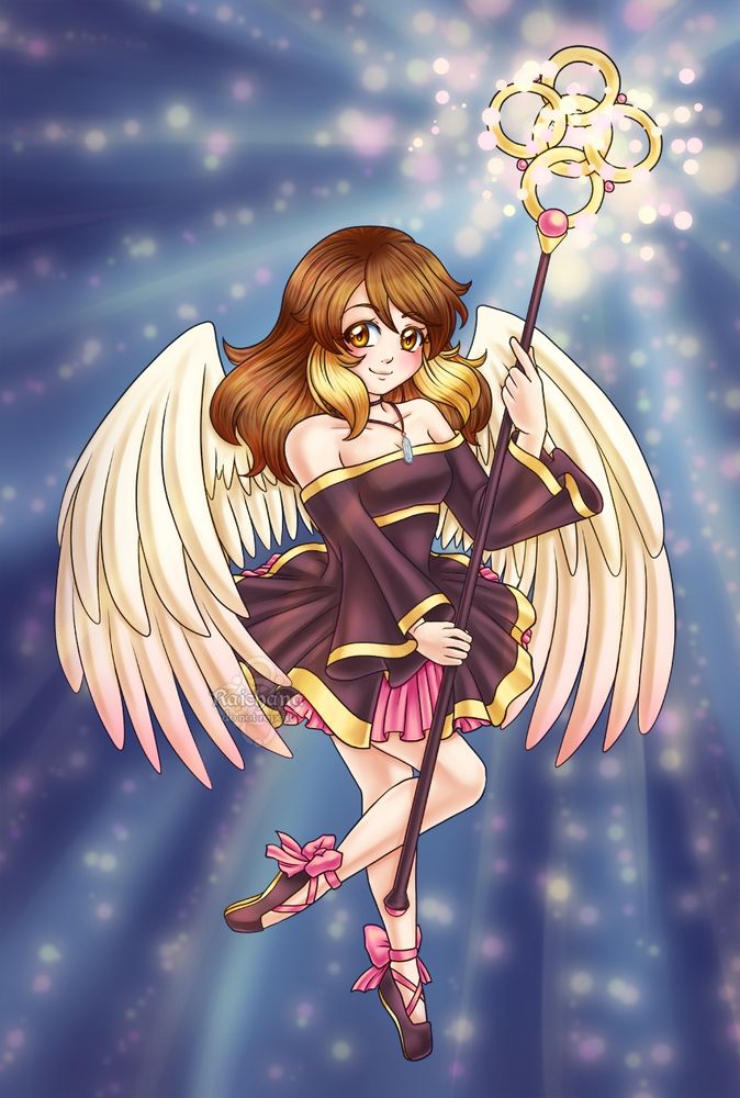 A fullbody picture of my namesake OC Raichana, she has brown eyes and hair with golden strands near her face. a necklace with a crystal o nthe end. an off the shoulder black dress with gold trim and a frilly pink underskirt. from her bck srpreads two cream coloured wings that have pinkish tips. her shoes are similar to ballet shoes. she holds a staff wit hfice rings interconnects and pink gems inbetween. she seems to be gathering light around her staff