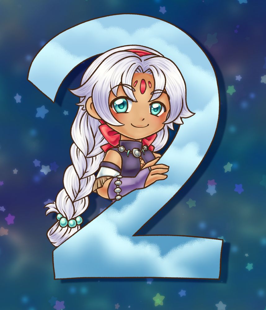 A chibi halfbody of Schera from trails in the sky framed by the number 2 