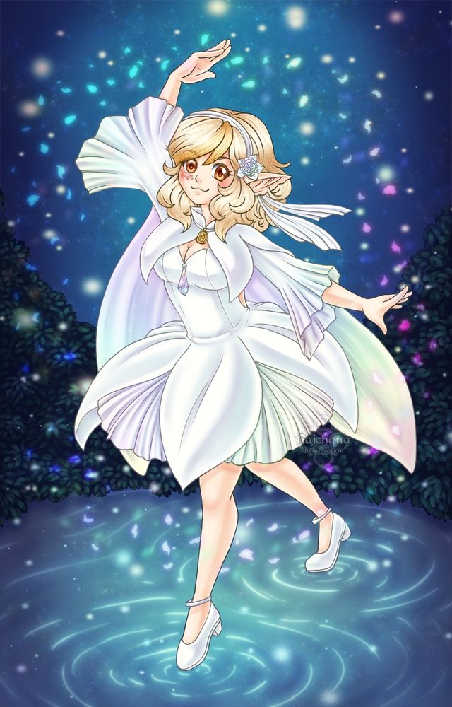 My OC Ciella dressed in a white dress that has ruffles that shimmer like rainbows. the dress is open back so she wears a capelet with a rainbow interior. she is standing in a shallow pool that makes it look like your standing on water and causing a flurry of rainbow petals. she has a headband with a flower that looks like what her skirt was based on. 