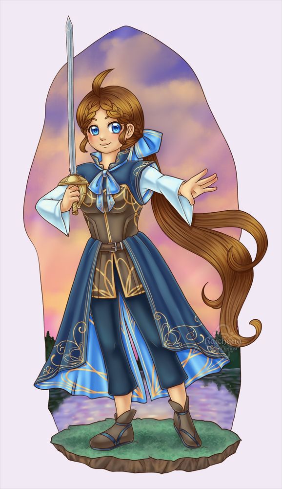 A fullbody picture of Princess Olivia. she is wearing a simple but sturdy looking blue outfit with a brown chest piece. her hair is in a braided ponytail to keep out of her face as the length got past her knees. she is wearing sensible footwear and capris with an over skirt so she can move around more freely. her hair is brown and her eyes are blue. 
it's complicated but she is technically an AU of my OC Ariel.
#art