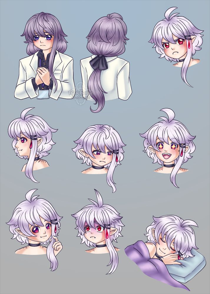 A front and back halfbody of drystan before he was turned into a vampire, he was working in some kind of medical lab. main different is his hair is darker and his eye more violet, his hair is also long however due to an ability where his hair can turn very sharp when scared (even before he was changed) going haywire before his death the vampire that turned him did her best to slash his hair with her cloaws. granted she missed a little bit. 
as a vampire now his hair wont grow but it also cannot be cut. it naturally is more poofy and he has stopped trying to keep a stubborn bit of hair down giving him a cowlick. 
The seven expressions of vampire drystan from top to bottom
angry - red eye and glowy red charm, this is a gift from esma to stop his hair from slising up everyone around him.
profile, Sad (while unable to cry when hungry if he is full he can cry but they are red like blood making it quite a grusome scene), excited
bashful, fearful (also with glowy red eye and charm, the rest of his hair can still become sharp but due to its length its harder to harm those around him.) and sleepy, this shows off that he not only has neck restraints but also wrist and ankle ones. 