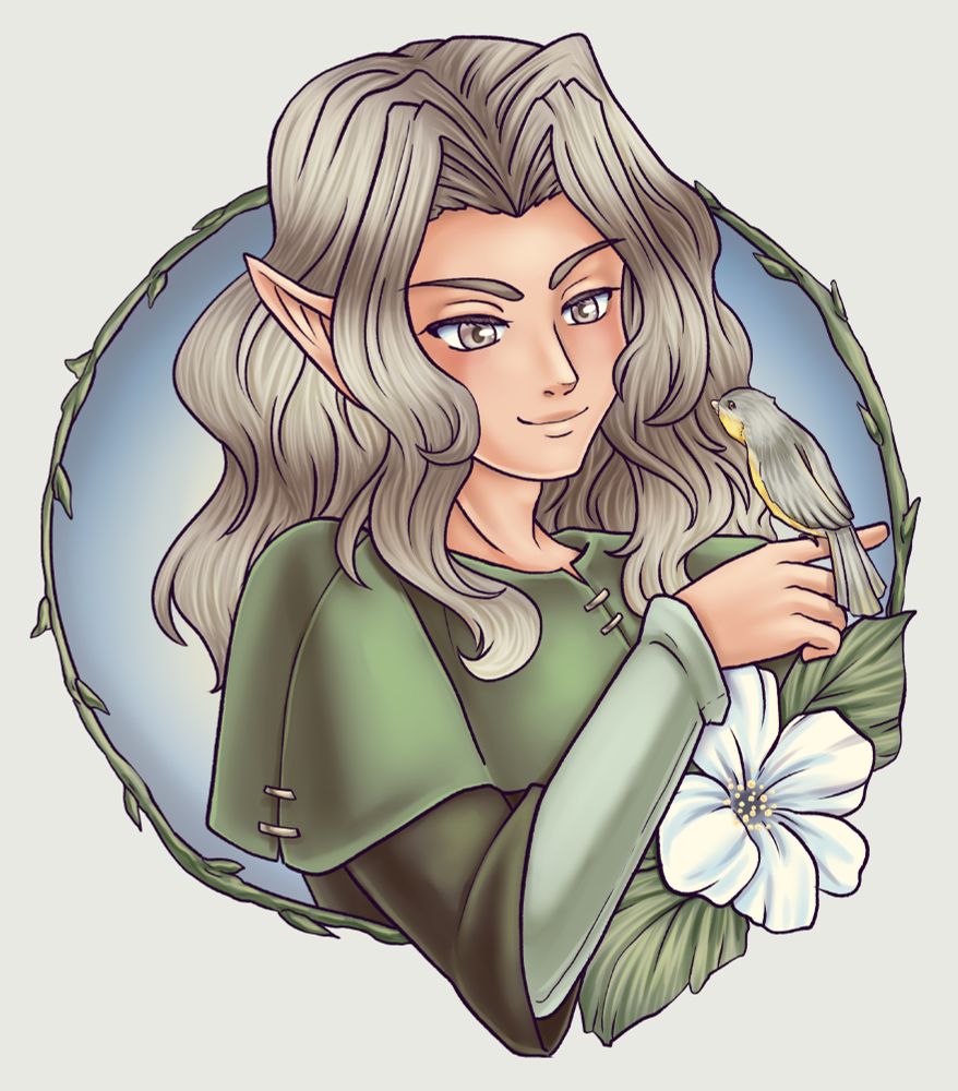 Dove of the bramble wood holding out their finger for a bird (?) to land on and inform them of the goings on in the area. Dove may not fully understands it's song but the feelings are conveyed. 
Dove is an elf with flowy grey hair and comfortable easy to move in clothing.