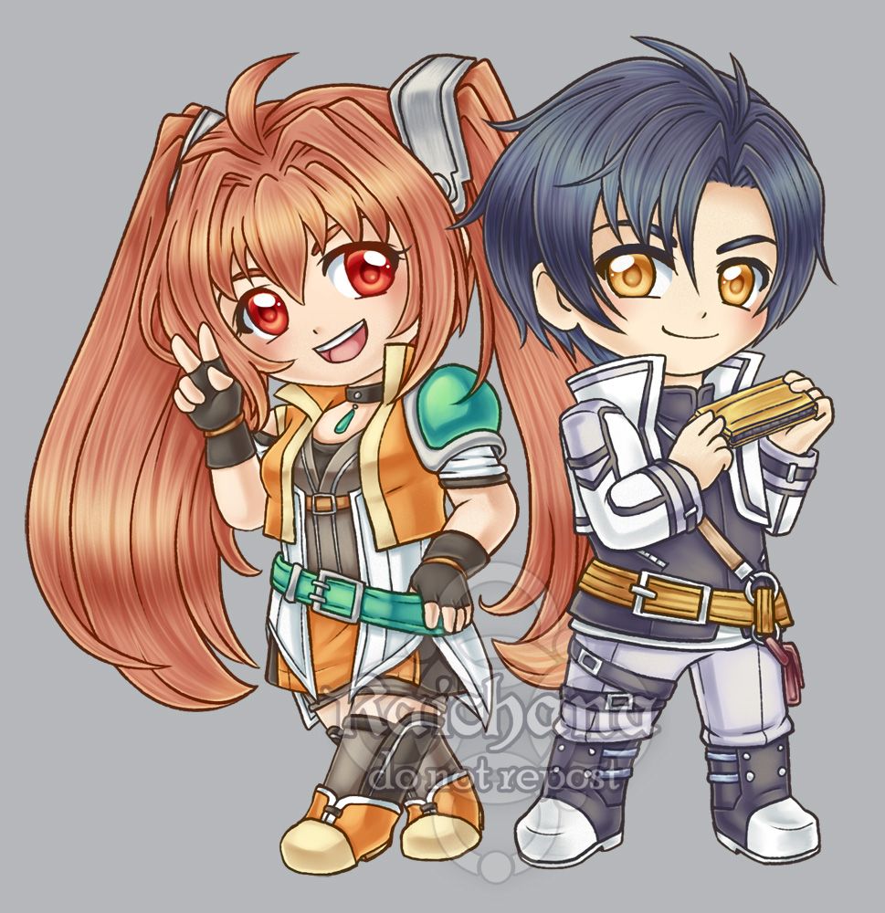 chibis of Estelle and joshua standing back to back in their cold steel outfits. Estelle is holding up fingers in the peace sing which Joshua is holding his harmonica