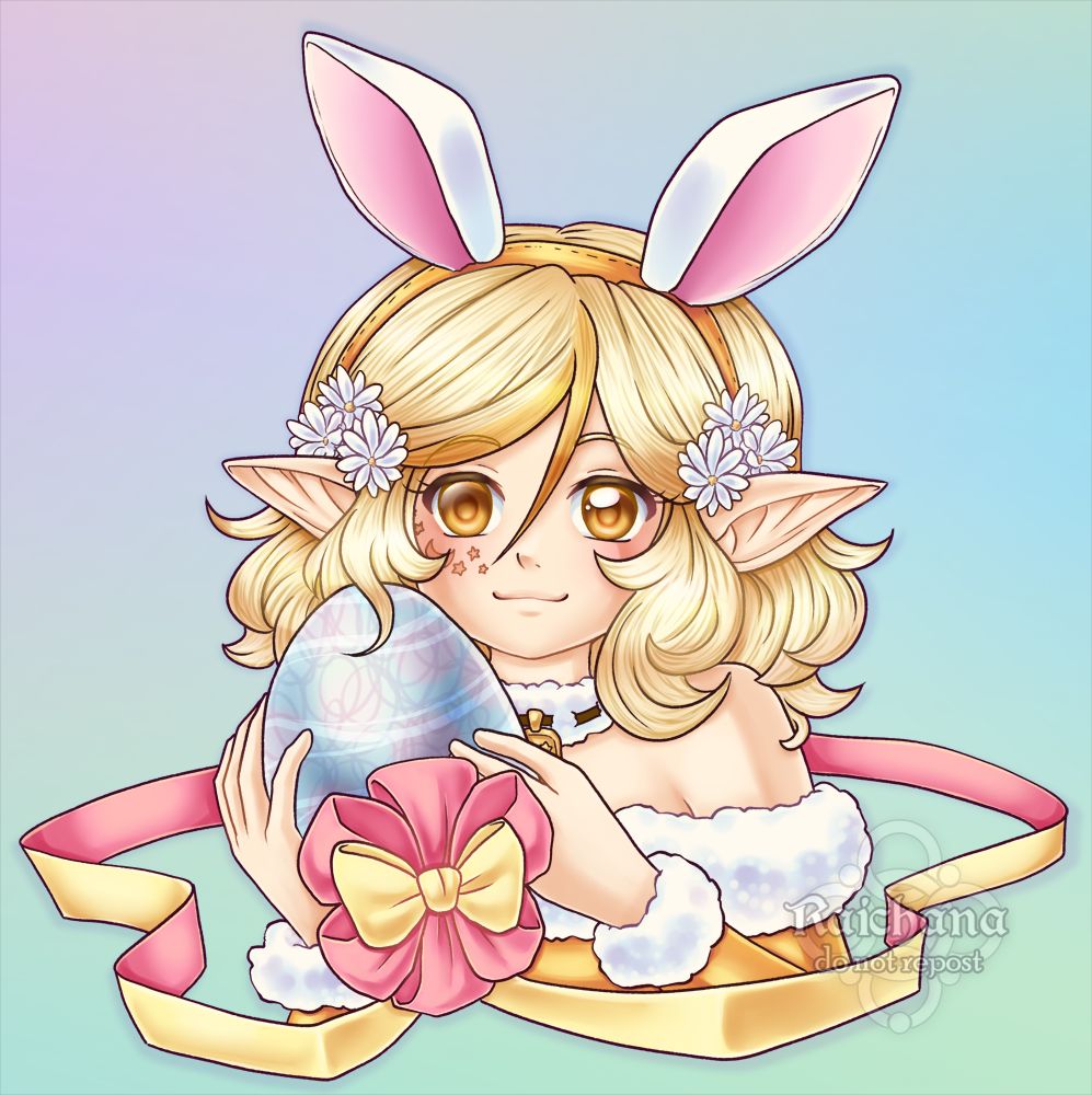 My Easter pic for 2024, My oc Ciella holding a large easter egg with a bunny headband on and flowers growing from her ears. 