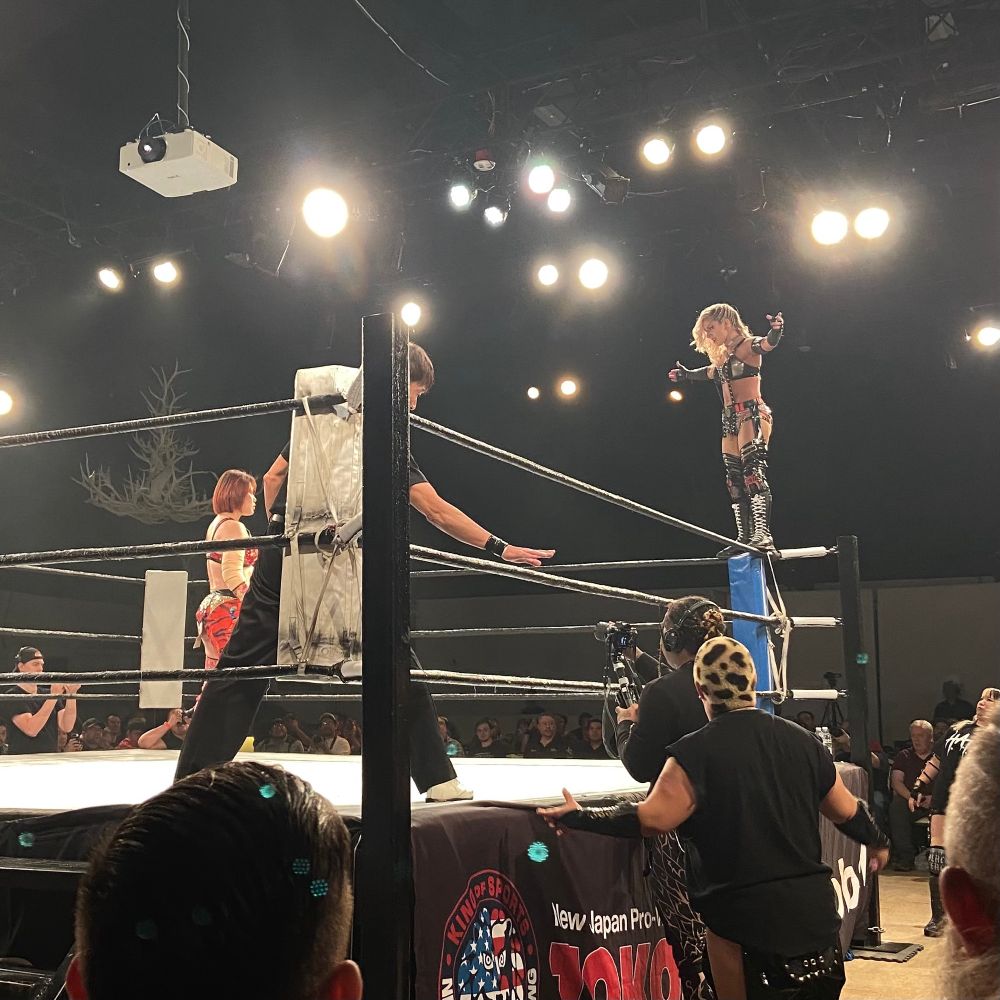 hanako standing neutral in the center of the ring, referee next to the turnbuckle in the foreground pointing, and thekla standing upright on a background turnbuckle, arms intimidatingly outward