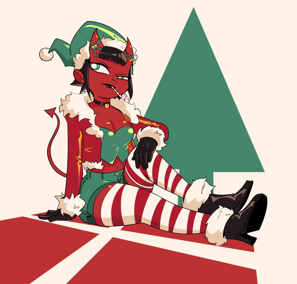 Demon girl wearing a green santa hat, crop top and jean shorts with fluffy santa type cropped jacket, with red and white stripped leggings and fur leather boots