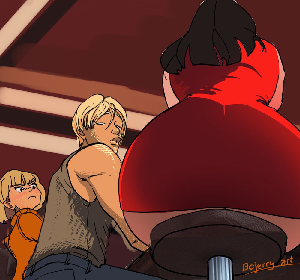 Stylized digital illustration of Resident Evil 4 characters in a bar. In the foreground, Ada Wong sits on a stool in her iconic tight red dress, her back to the viewer so her large hips dominate the frame. Leon Kennedy, wearing a gray sleeveless shirt, sits beside her and glances over his shoulder at her with smouldering interest. Beside him, Ashley Graham in her orange sweater glares at Leon with a jealous, annoyed expression. The background is dark red with angular ceiling lights. Artwork by Bojerry art.