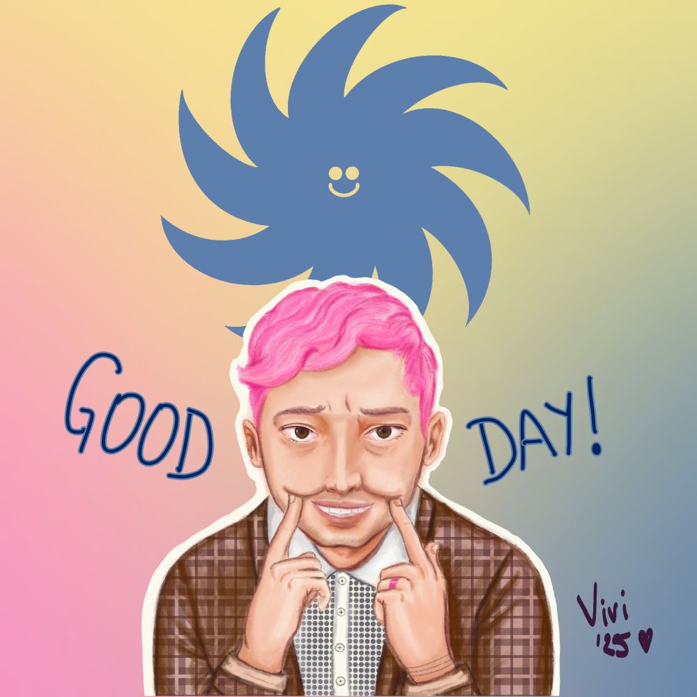 A Fanart of Tyler Joseph with pink hair, clothed like in the Live Experience for Scaled and Icy.
He is staring stretching his lips and forcing a smile with his index fingers.
Behind him an ominous blue sun with nine arms and a smiley face, and the text Good Day! 