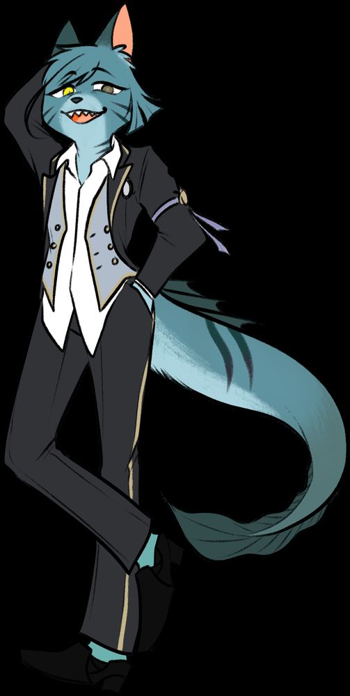 Floyd Leech from Twisted Wonderland in his key art post, except instead of being human, he's a turquoise tabby cat with a tail that's furry but resembles his eel form's.