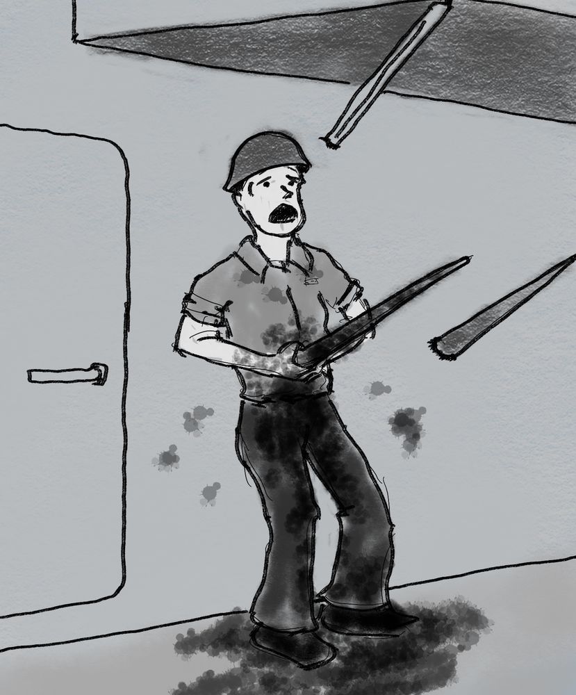 A sailor on a ship impaled on a spike
