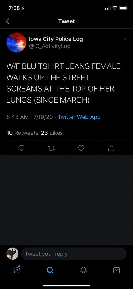 W/F BLU TSHIRT JEANS FEMALE WALKS UP THE STREET SCREAMS AT THE TOP OF HER LUNGS (SINCE MARCH)