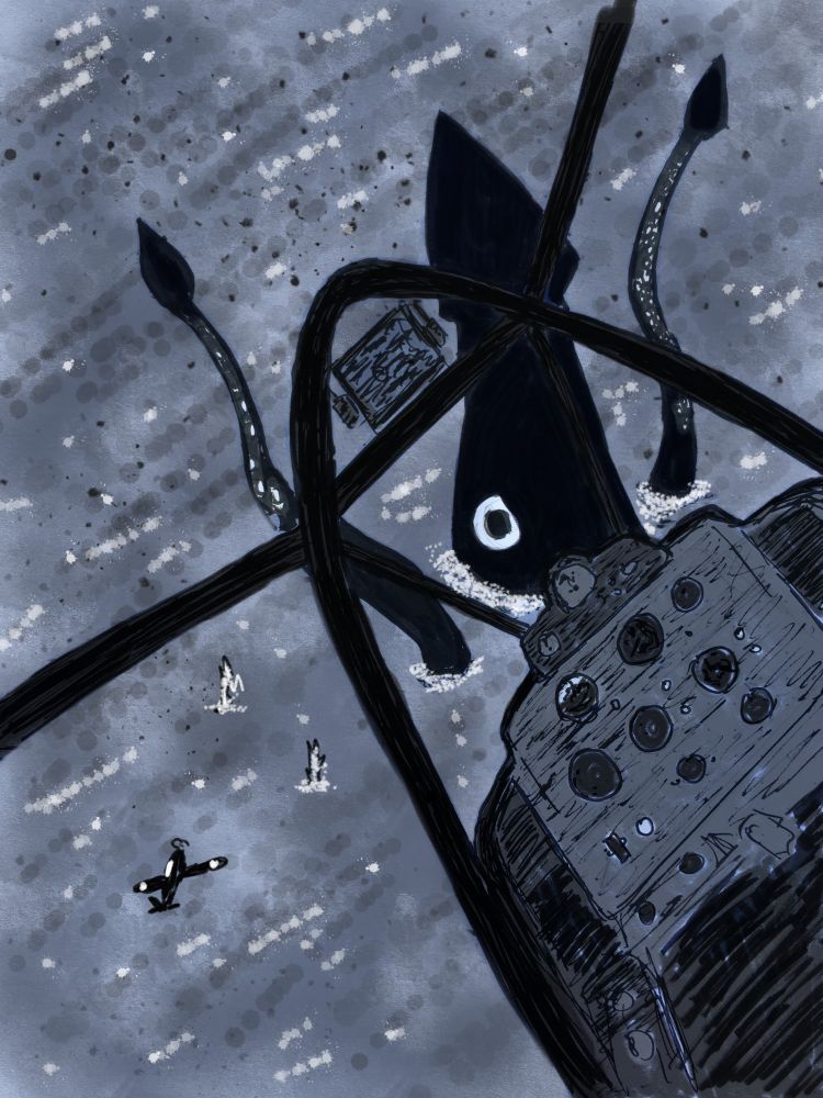 cockpit view of a dive bomber diving on a giant squid