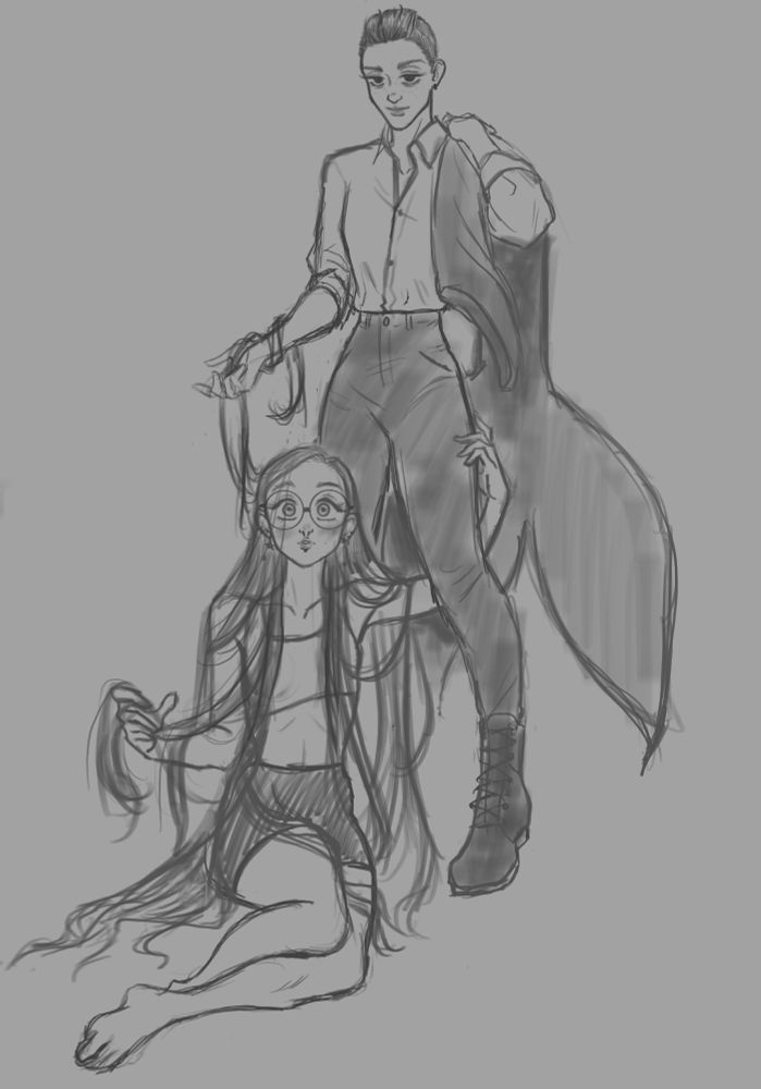 A sketch of two characters: a woman with an undercut holding a costume mermaid tail, and a woman with very very long hair sitting at her feet.