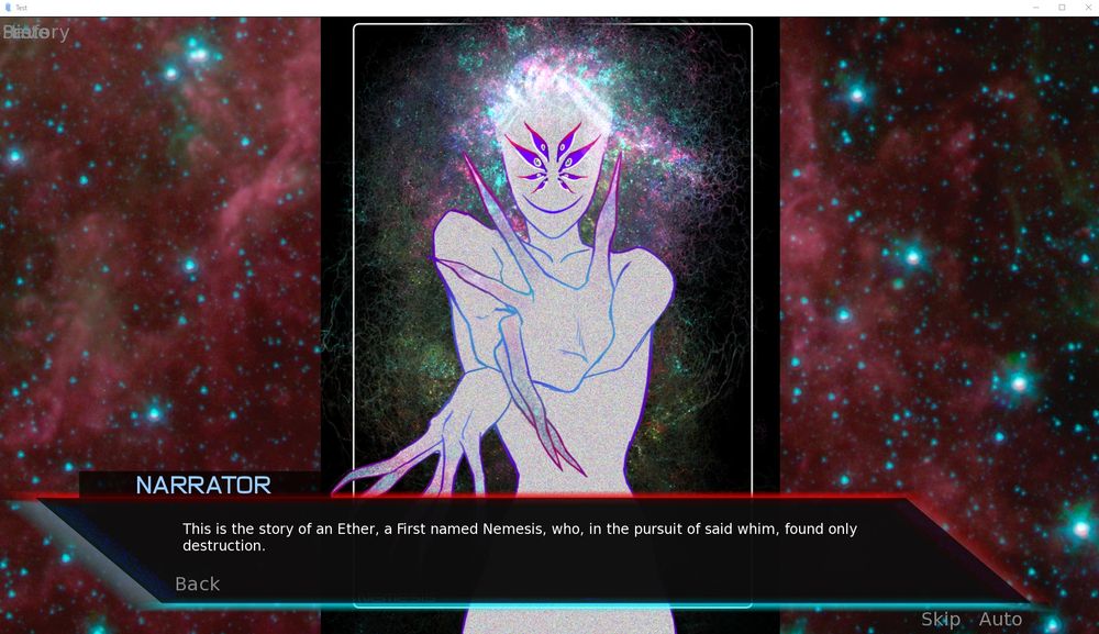 a screenshot of a visual novel showing a humanoid creature with many purple eyes and white static skin reaching toward the viewer.