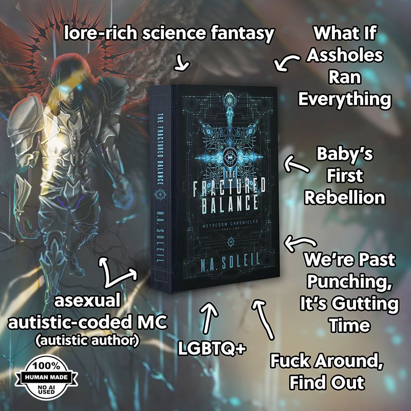 A graphic about the novel The Fractured Balance by N.A. Soleil showing the book with the description: lore-rich science fantasy, What If Assholes Ran Everything, Baby's First Rebellion, We're Past Punching It's Gutting Time, Fuck Around Find Out, LGBTQ+, asexual autistic-coded MC (autistic author)
