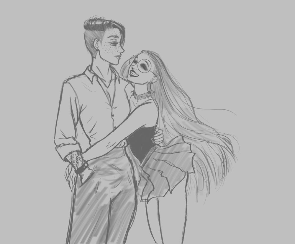 A sketch of two characters: a taller woman with an undercut and a shorter woman with very very long hair clinging to her with a grin