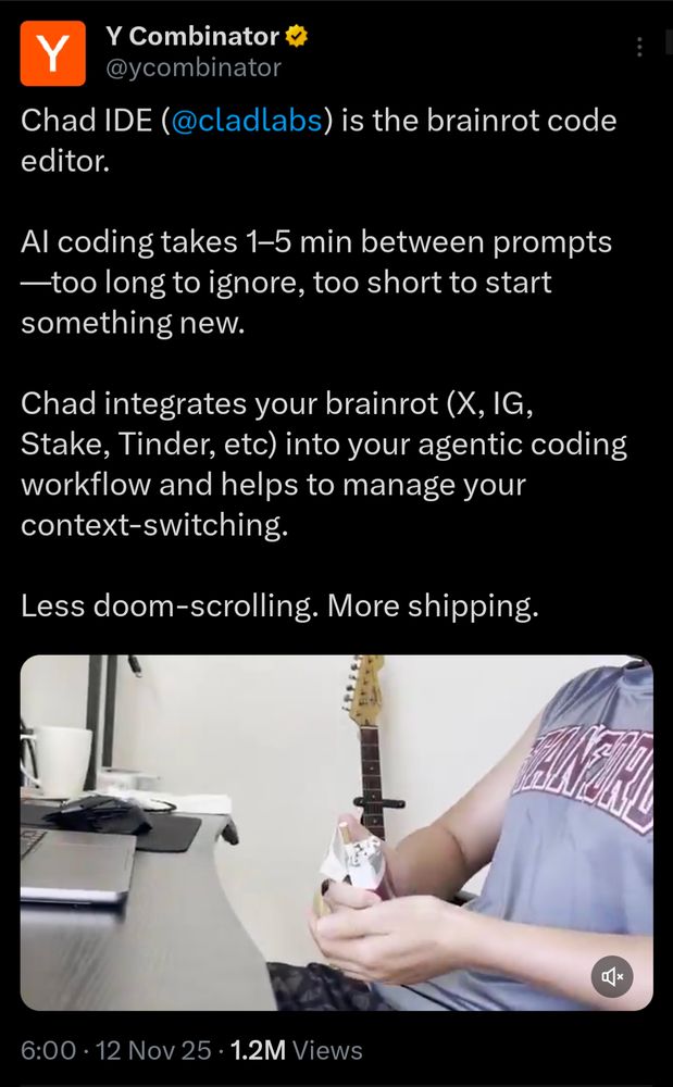 Y Combinator's post on X (Twitter) introducing a "brainrot code editor" called "Chad IDE"