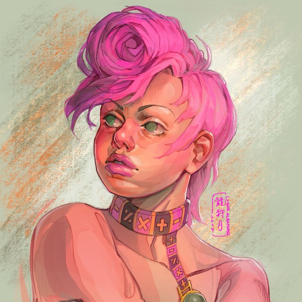 Portrait drawing of Trish Una from the chest up. She has short pink hair and a pompadour, green eyes, and a choker with a green pendant and mathematical symbols.