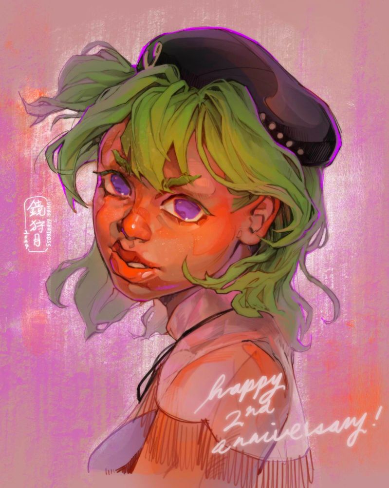 Drawing from the shoulders-up of V-Genie, a girl with short green hair and purple eyes. She is in a black beret with the VGen logo and pearls, and a translucent shawl, black ribbon around the base of her neck, and a light purple top.