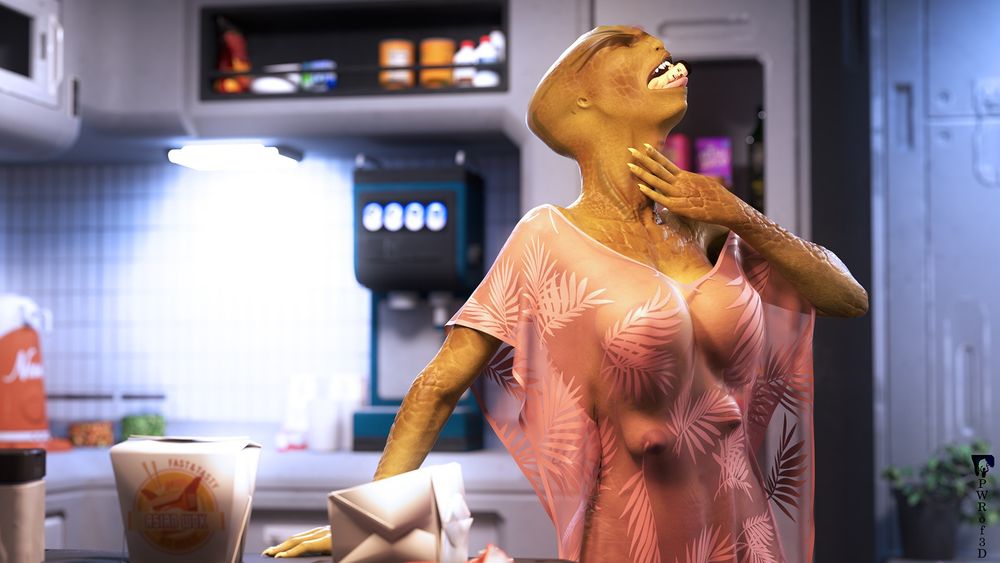 The alien swallows the small stowaway whole. The man only has his head sticking out of her jaws as she rubs her neck.