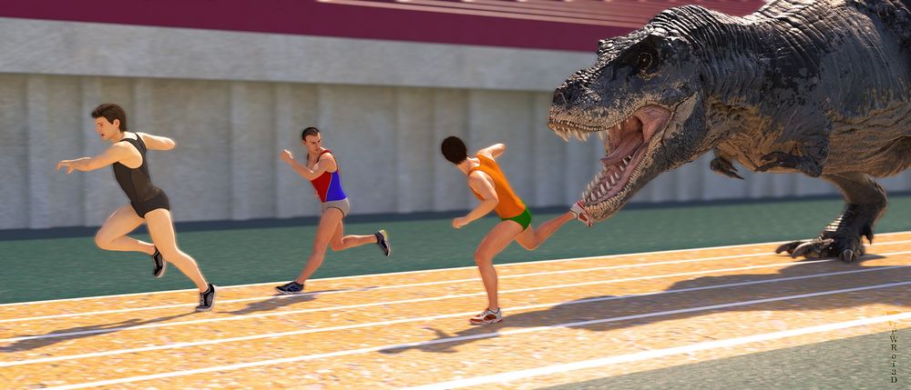 Three olympic runners try to outrun a trex on a running track.