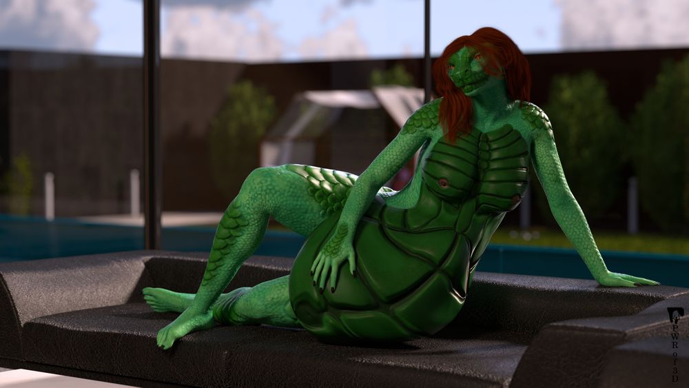 The female snake is now sitting on the couch with a full belly. The man willingly let himself get eaten by the woman, and now she sits and relaxes while rubbing over her extended abdomen. 