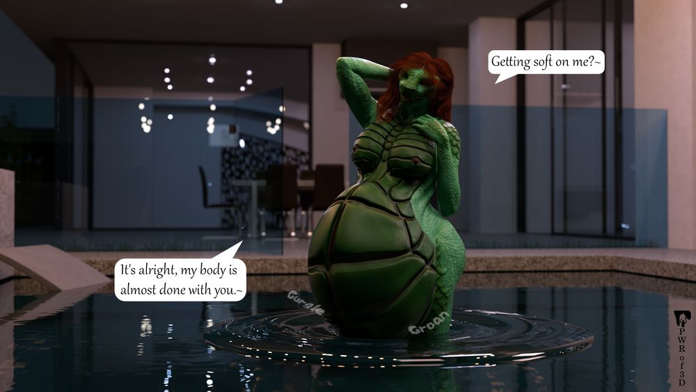 Some time later the snake woman has moved to her pool. It is night time now, and the bulge in her middle has softened as the man digests. She says to the man, "Getting soft on me? It's alright, my body is almost done with you."