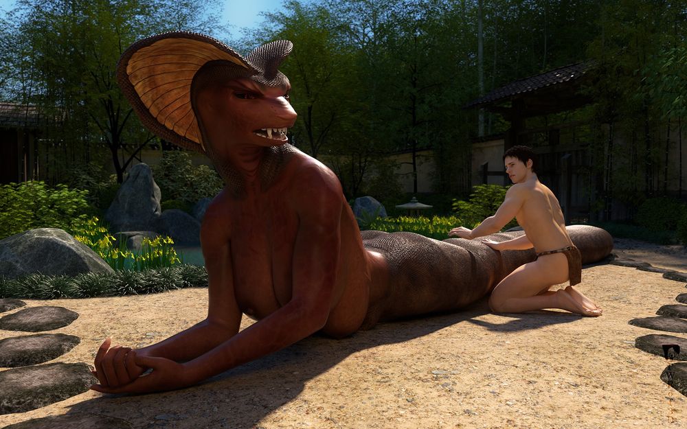 A naga is getting a massage from her human servant. He seems to have made some sort of mistake, as she's now looking at him somewhat angrily. He looks worried about what she might do.