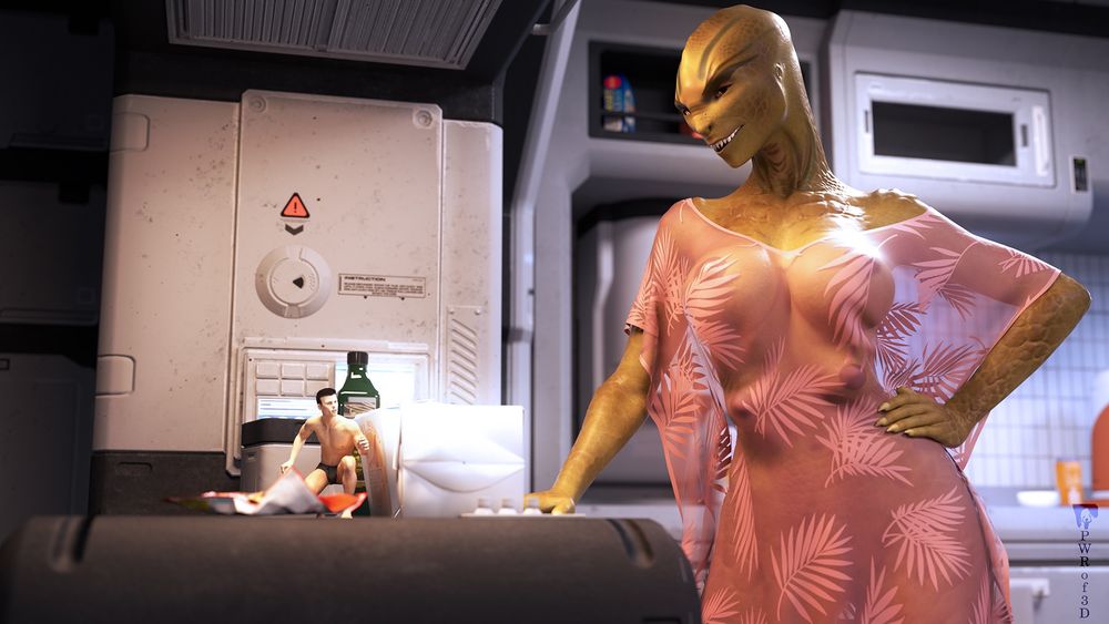 A male human is trying to sneak around inside of an alien space ship. He's about the size of a mouse to these aliens. As he moved through the kitchen, he was spotted by a greenish skinned alien female. She is wearing a pink see-through dress, which barely conceals her 4 breasted chest. She eyes him with a grin as he realizes he's been caught.