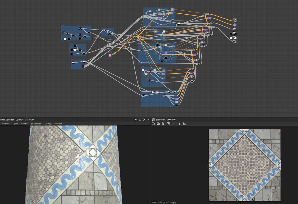 A screen shot from Substance Designer. The texture in the bottom two boxes are created using "nodes" that plug into each other. The visual result of these nodes and connections sometimes looks like a mess (especially when a novice like me makes them). 