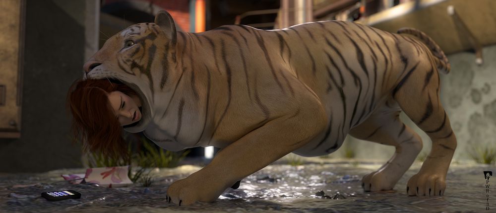 A woman is being swallowed whole by a tiger in an urban environment. Her head is sticking out of the tiger's mouth while the rest of her is nothing but a bulge in the tiger's neck and belly. 