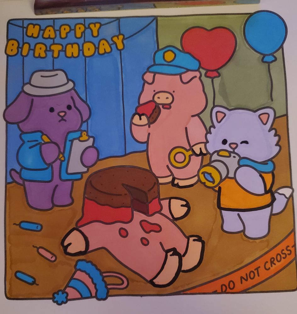 A coloring sheet of a birthday crime scene. The police officer is a pig holding a slice of cake and a magnifying glass. A purple dog and lilac cat take notes and photos. The victim is a pig, evidently suffocated by a chocolate and red icing birthday cake. 