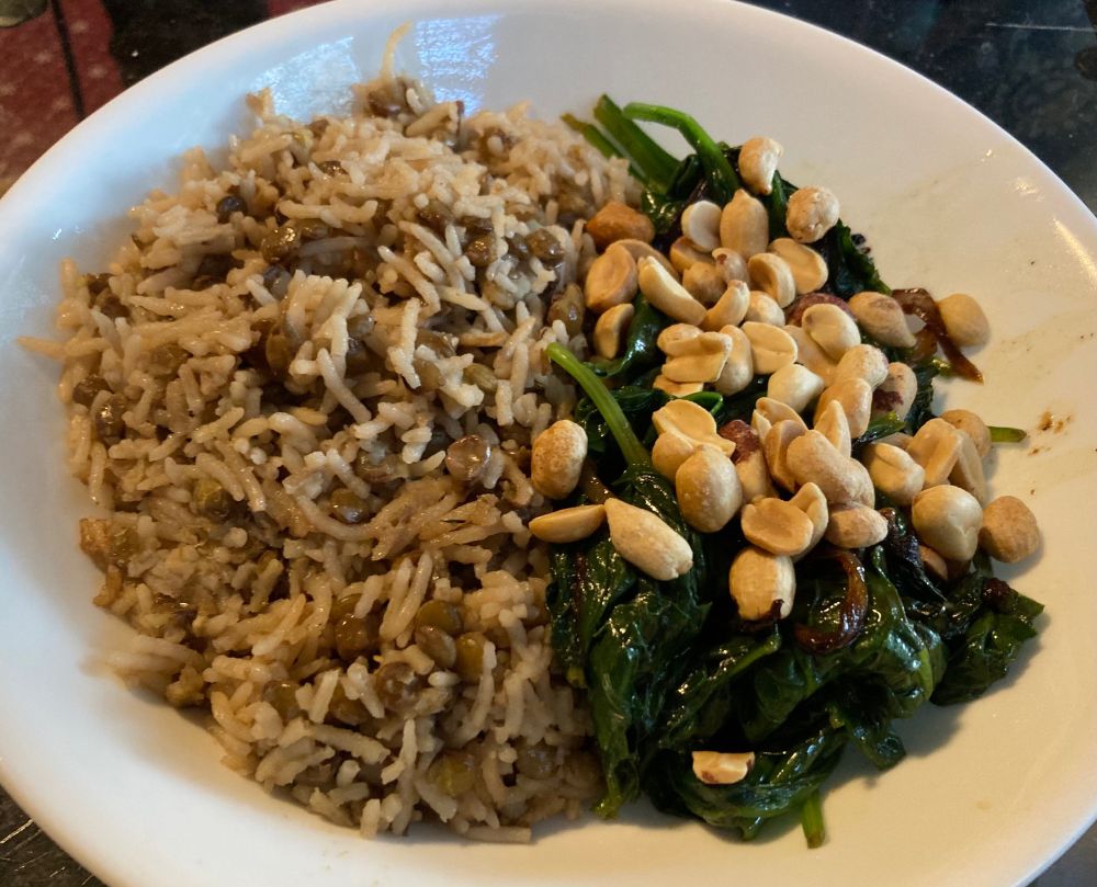 A plate half full on the left with rice and lentils and spinach and peanuts in the right 