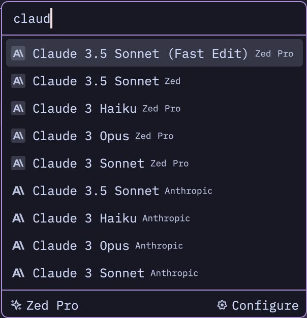 A dropdown menu showing various versions of Claude AI models, including Claude 3.5 Sonnet and Claude 3 variants (Haiku, Opus, Sonnet) with different editions labeled as "Zed Pro" and "Anthropic".