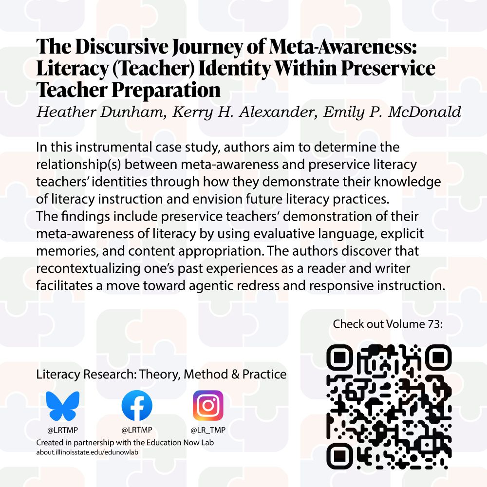 Text on a light background of jigsaw puzzle piece The Discursive Journey of Meta-Awareness: Literacy (Teacher) Identity Within Preservice Teacher Preparation Heather Dunham, Kerry H. Alexander, Emily P. McDonald

In this instrumental case study, authors aim to determine the relationship(s) between meta-awareness and preservice literacy teachers' identities through how they demonstrate their knowledge of literacy instruction and envision future literacy practices. The findings include preservice teachers' demonstration of their meta-awareness of literacy by using evaluative language, explicit memories, and content appropriation. The authors discover that recontextualizing one's past experiences as a reader and writer facilitates a move toward agentic redress and responsive instruction.  

Literacy Research: Theory, Method & Practice Bluesky @LRTMP Facebook LRTMP Instagram @LR_TMP Created in partnership with the Education Now Lab 
Check out Volume 73!

