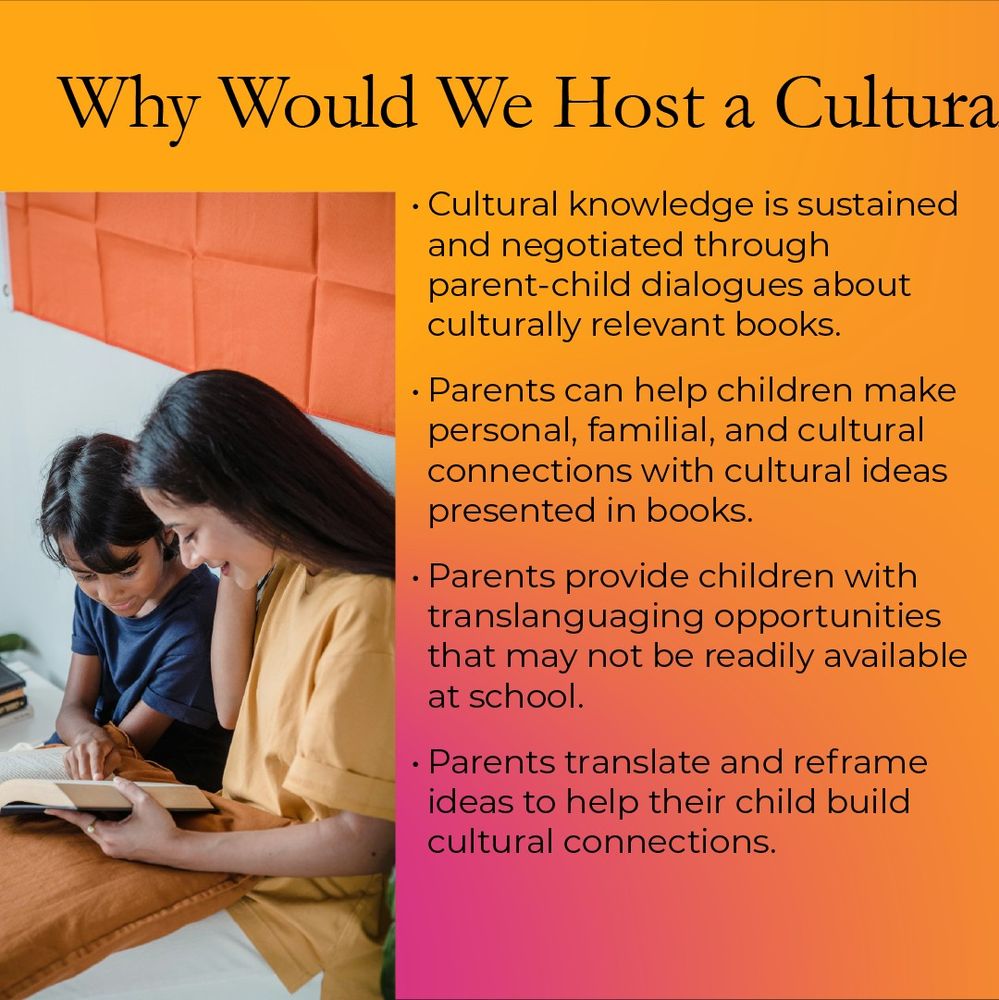 A carousel post comprised of eight slides. Slide 4 - Half of an image finished on the next slide. Image of an Asian American mother and child reading a book with the child pointing to something on the page. Half of the title of How Would We Host a Culturally Relevant Book Club Text reads: In this study, Dr. Ling Hao facilitated parent-child conversations within six Chinese or Chinese American families in an Online Family Book Club using culturally relevant fictional texts that depicted Chinese cultural practices and heritage and/or Asian people. The texts addressed Chinese culture, tradition, customs, or Chinese written language and explored holidays, foods, language, family traditions, and cultural heritage. In each session, parents assisted their children and interacted with them as Dr. Hao read the book aloud. The use of Chinese and English during these sessions encouraged parents' and children's translanguaging practices.