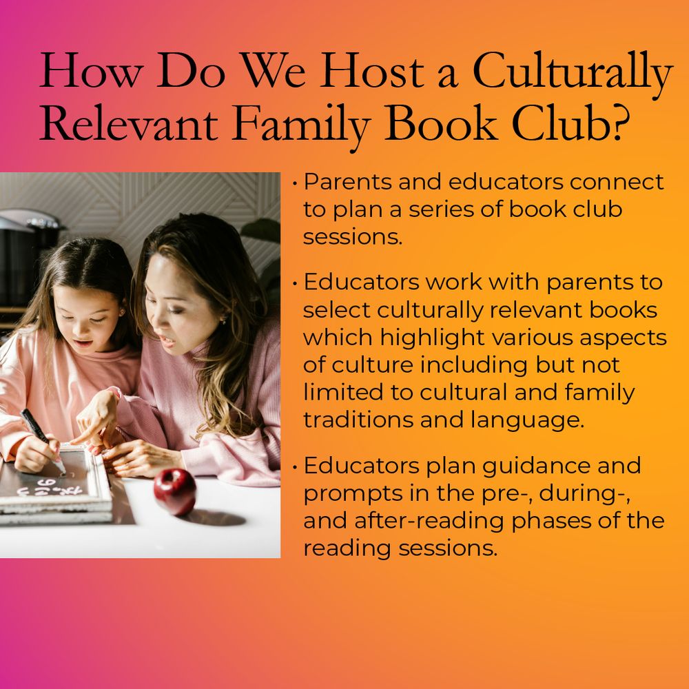 A carousel post comprised of eight slides. Slide 6 How do we host a culturally relevant book club? Image of Asian American mother pointing to something her daughter is writing on a table. Mother is mouth is open like she is saying something. Text reads: • Parents and educators connect to plan a series of book club sessions.
• Educators work with parents to select culturally relevant books which highlight various aspects of culture including but not limited to cultural and family traditions and language.
• Educators plan guidance and prompts in the pre-, during-, and after-reading phases of the reading sessions.
