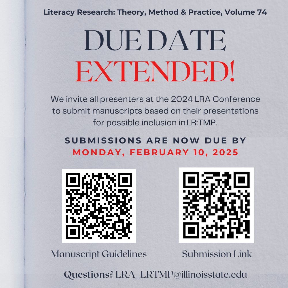 A digital announcement for Literacy Research: Theory, Method & Practice, Volume 74 displays a Due Date Extended! message in large, bold text. It invites presenters from the 2024 LRA Conference to submit manuscripts for possible inclusion in the journal. The new submission deadline is emphasized in red: Monday, February 10, 2025. Below the text, two QR codes are labeled Manuscript Guidelines and Submission Link. At the bottom, a contact email for questions is provided: LRA_LRTMP@illinoisstate.edu. The background is a soft textured gray, and the text is styled in a professional serif font.