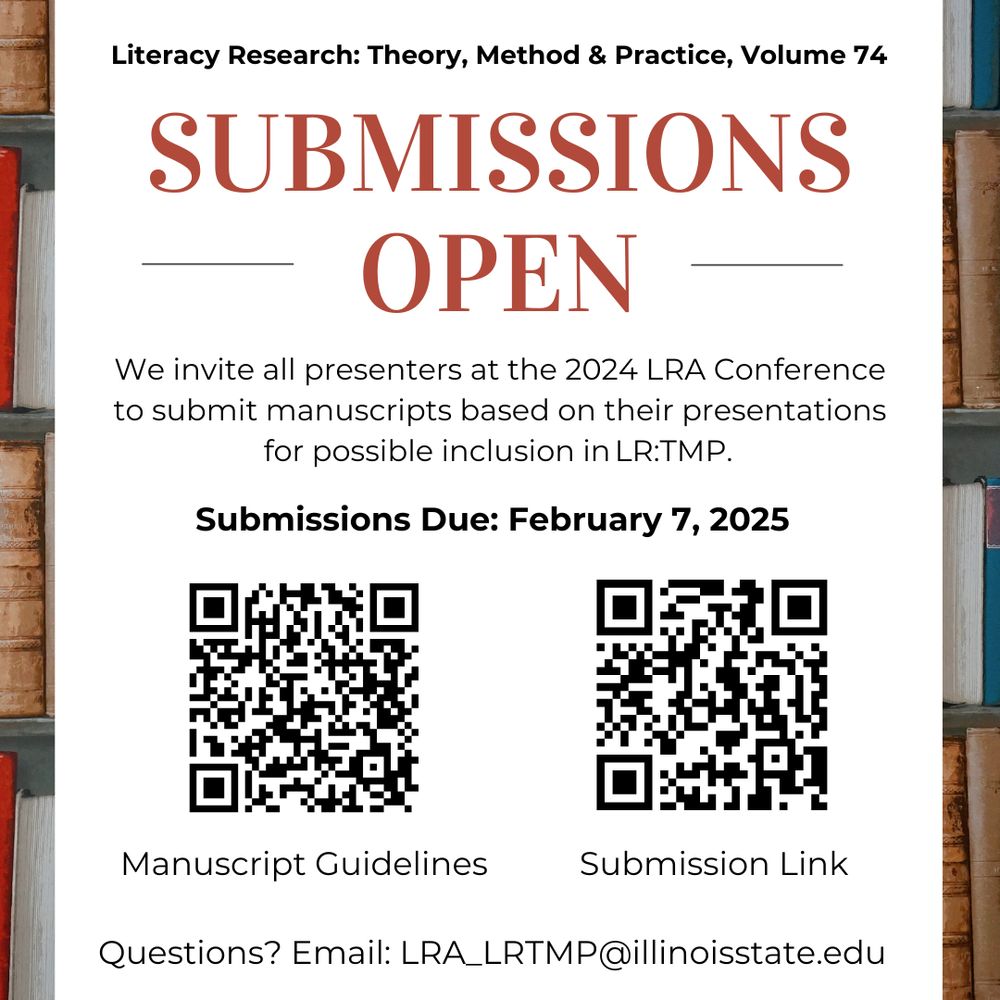 A graphic announcing that submissions are open for Literacy Research: Theory, Method & Practice, Volume 74. The title 'SUBMISSIONS OPEN' is prominently displayed in large red font. Below it reads: 'We invite all presenters at the 2024 LRA Conference to submit manuscripts based on their presentations for possible inclusion in LR:TMP.'

The submission deadline is listed as 'February 7, 2025' in bold. Two QR codes are included at the bottom: one labeled 'Manuscript Guidelines' and the other 'Submission Link.'

The graphic also includes the email address for questions: LRA_LRTMP@illinoisstate.edu. The background features bookshelves on the sides, framing the content.