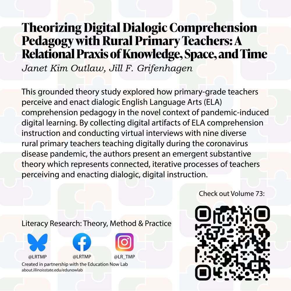 Text on a light background of jigsaw puzzle piece Theorizing Digital Dialogic Comprehension Pedagogy with Rural Primary Teachers: A Relational Praxis of Knowledge, Space, and Time Janet Kim Outlaw, Jill F. Grifenhagen

This grounded theory study explored how primary-grade teachers perceive and enact dialogic English Language Arts (ELA) comprehension pedagogy in the novel context of pandemic-induced digital learning. By collecting digital artifacts of ELA comprehension instruction and conducting virtual interviews with nine diverse rural primary teachers teaching digitally during the coronavirus disease pandemic, the authors present an emergent substantive theory which represents connected, iterative processes of teachers perceiving and enacting dialogic, digital instruction.

Literacy Research: Theory, Method & Practice Bluesky @LRTMP Facebook LRTMP Instagram @LR_TMP Created in partnership with the Education Now Lab 
Check out Volume 73!
