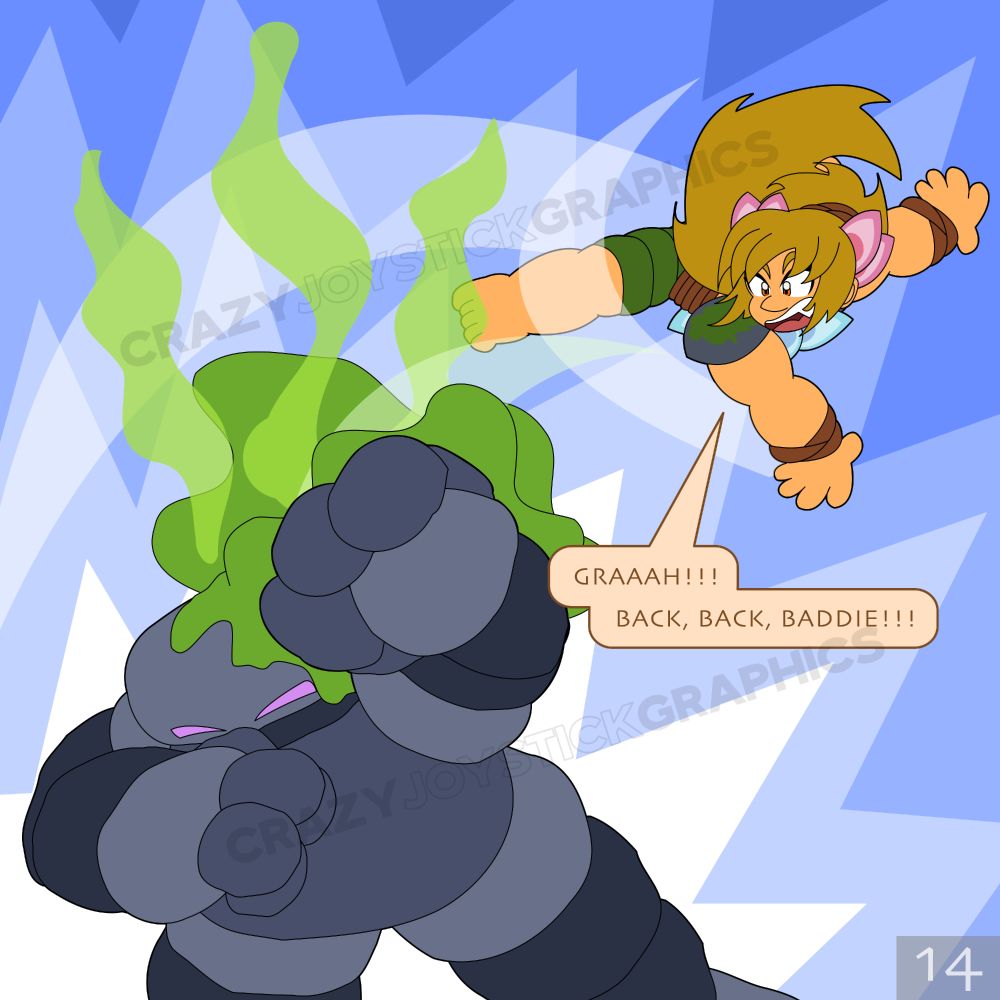Vlinder throws stinky fruit at the golem, screaming “GRAAAH!!! BACK, BACK, BADDIE!!!”